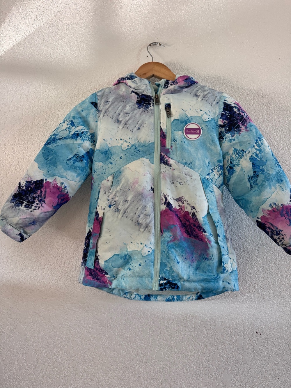Hurley Kids Multi-Color Hooded Puffer Jacket - Blue & Pink Accents